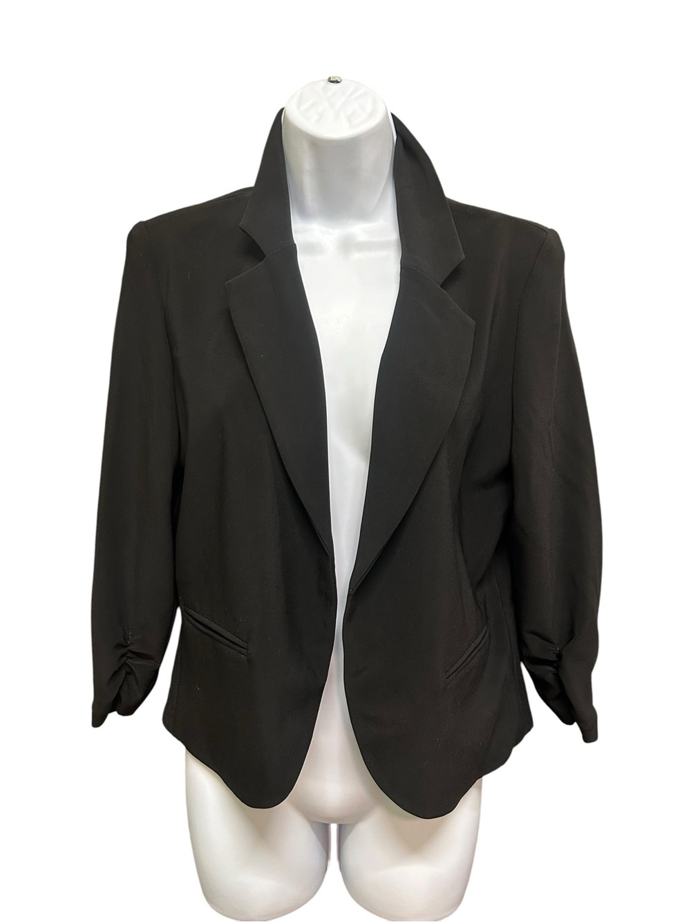 Joseph Ribkoff Open Front Ruched Sleeve Blazer Black Lined Stretch Jacket Sz 8